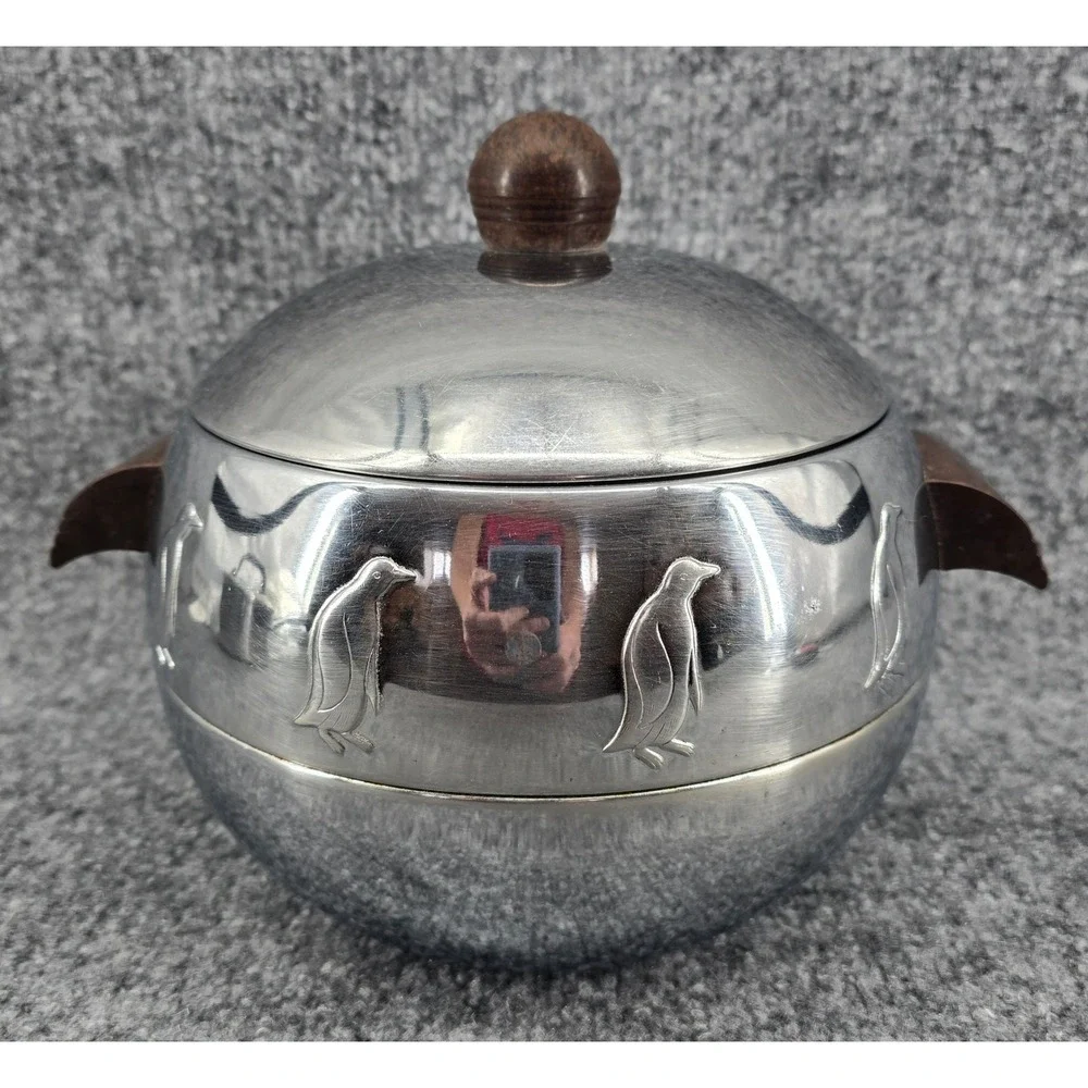 Vtg West Bend Penguin Hot Cold Server Stainless Bakelite MCM Ice Bucket Barware